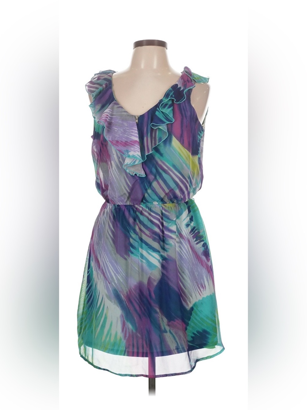 J.F.W. Just For Wraps Watercolor Ruffle Chiffon Dress Size Large